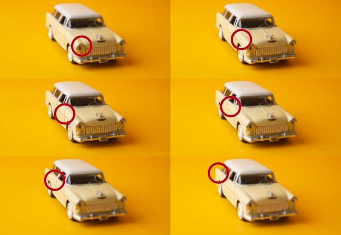 6 изображений сетки игрушечных автомобилей с кругом, указывающим фокальную плоскость каждого
