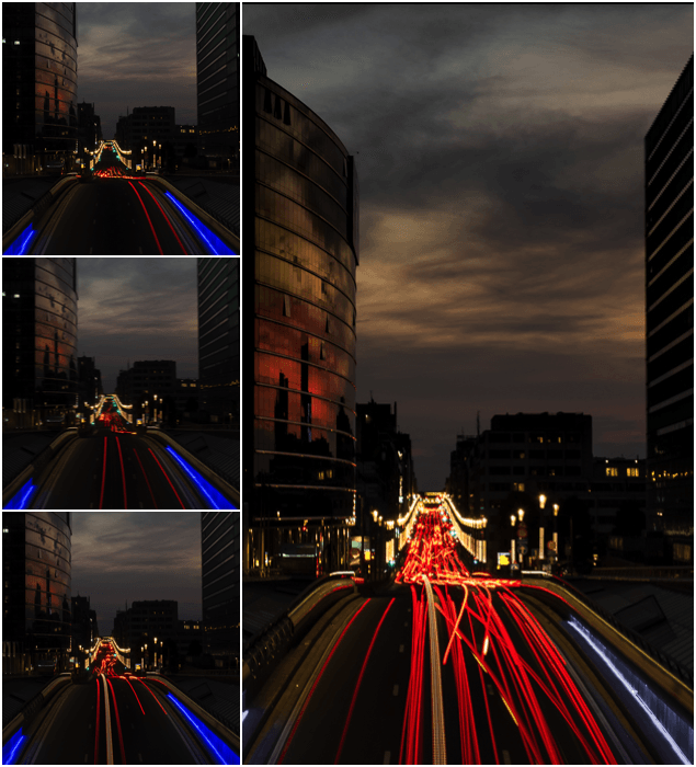 Сетка из 3 фотографий пример укладки изображений с помощью световых дорожек.