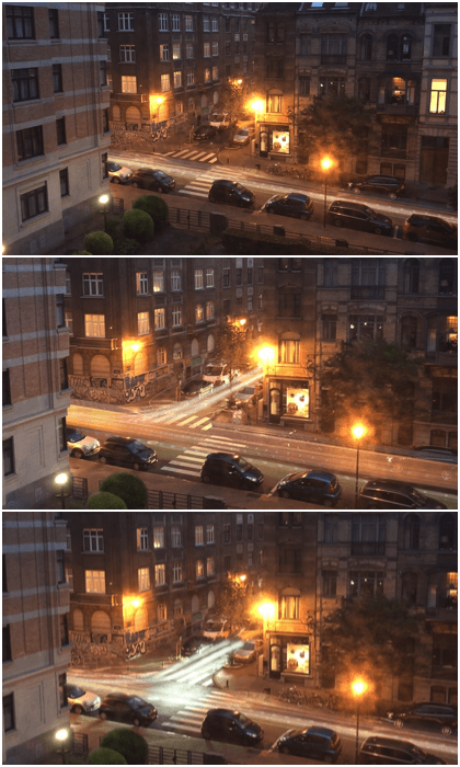 Триптих поздних ночных световых дорожек у здания