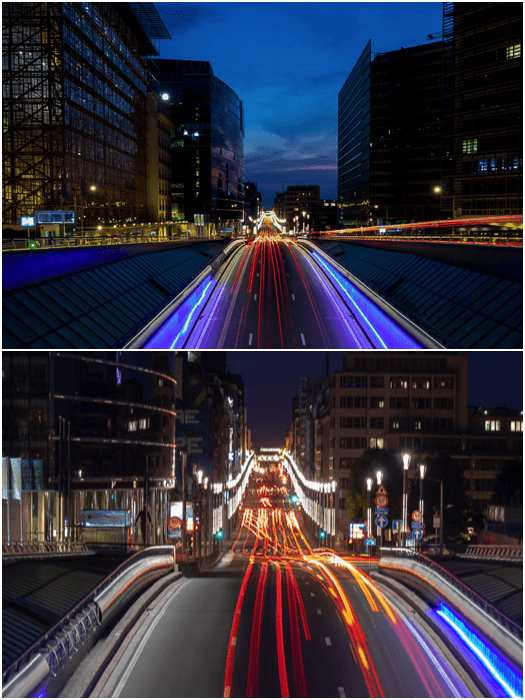 диптих из двух фотографий световых троп, снятых с разным фокусным расстоянием
