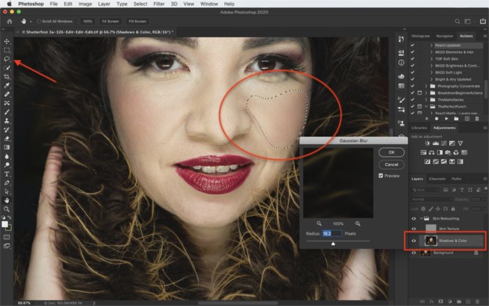 Скриншот редактирования портрета с частотным разделением в Photoshop