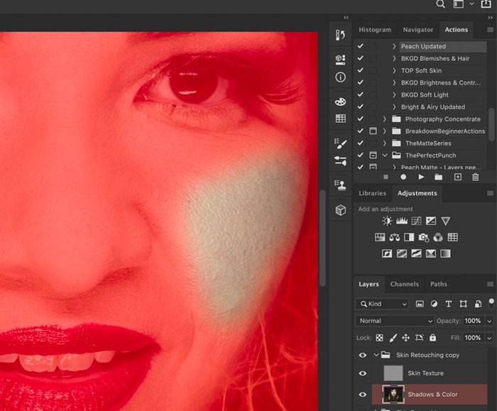 Скриншот использования быстрой маски для редактирования портрета с частотным разделением