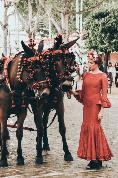 Женщина в маскарадном костюме гладит двух костюмированных лошадей
