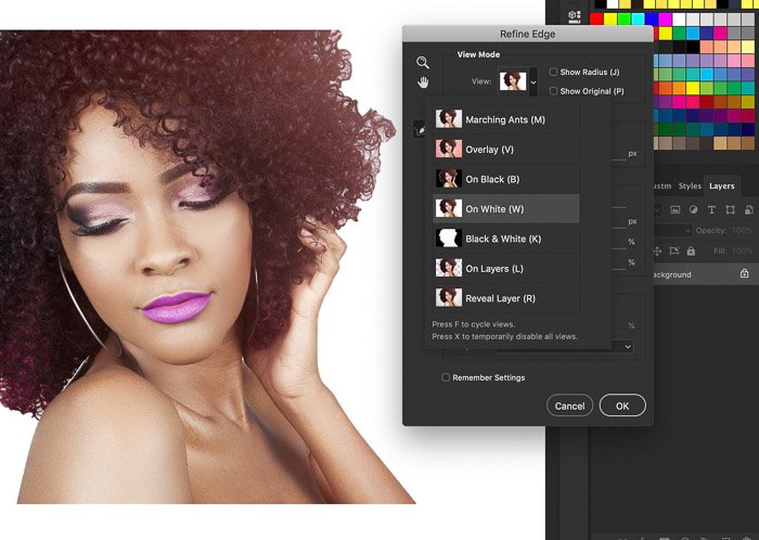 Скриншот, показывающий, как в Photoshop можно усовершенствовать края портрета женской модели