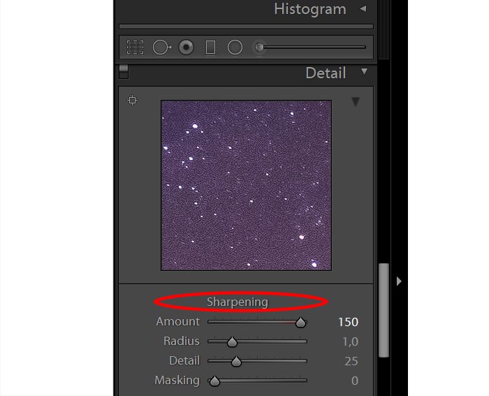 скриншот, показывающий слайдер повышения резкости в lightroom