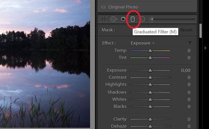 Скриншот использования градуированного фильтра в Lightroom
