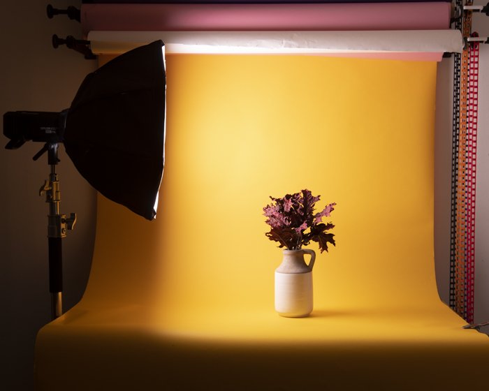 Фотосессия натюрморта вазы с цветами в закрытой конструкции