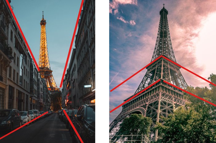 сравнение одно- и двухточечной перспективы, используя фотографии эйфелевой башни