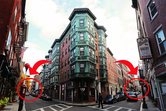 фотография здания со стрелками, показывающими две точки схода