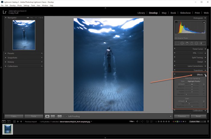 Скриншот редактирования изображения с помощью панели эффектов в Lightroom