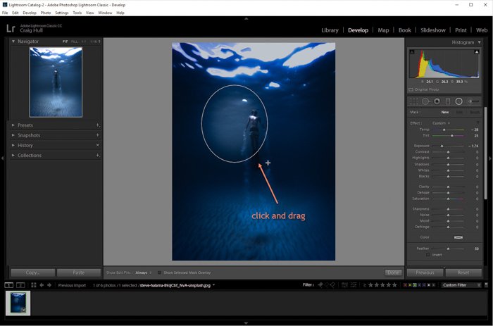 Скриншот использования радиального фильтра для добавления виньетки к изображению в Lightroom