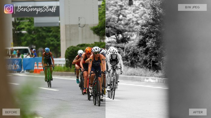 Изображение людей, едущих на велосипеде. Левая часть фотографии цветная, а правая - черно-белая. 