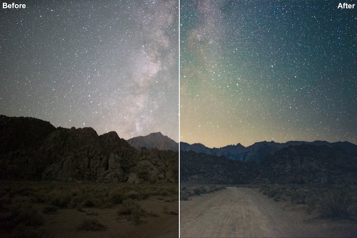 Разделенная фотография млечного пути над пейзажем до и после редактирования