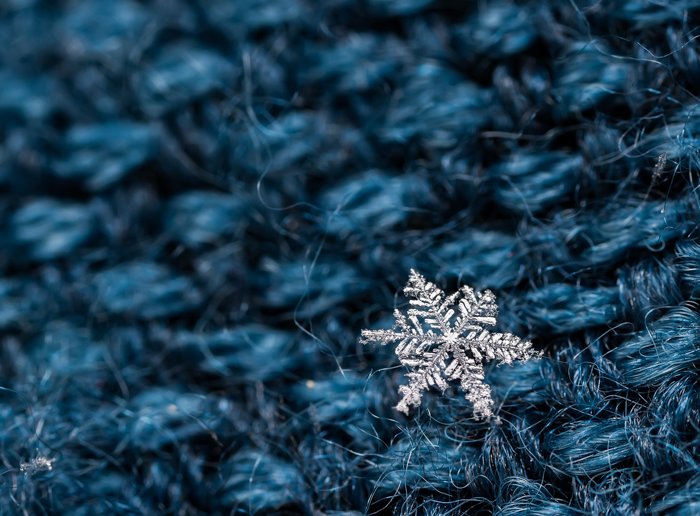 Крошечная снежинка лежит на голубой шерсти