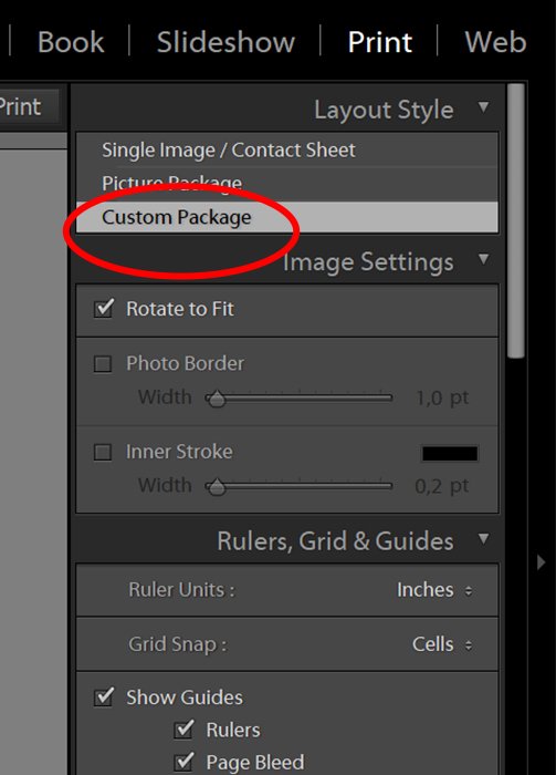 Lightroom UI screenshot of Custom Package layout style=