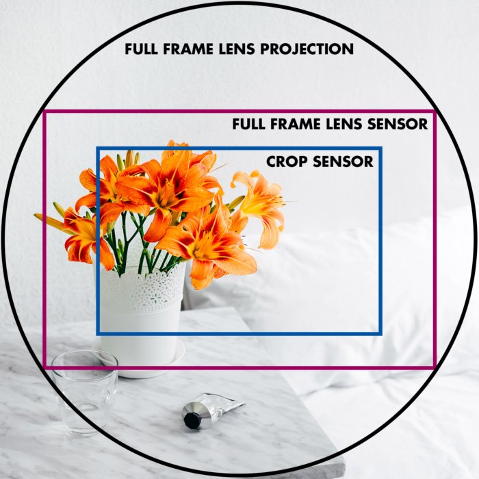 Иллюстративное изображение проекции объектива и размеров сенсора
