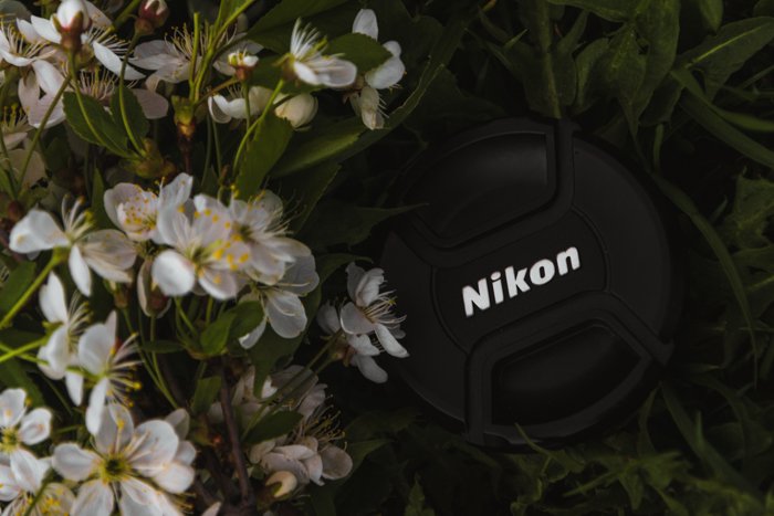 Крупный план крышки объектива Nikon среди цветов