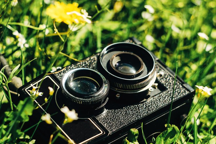 Изображение двухрефлекторной пленочной камеры среди цветов и травы