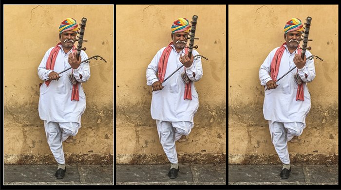 три стоп-кадра из видео уличного музыканта джайпур индия