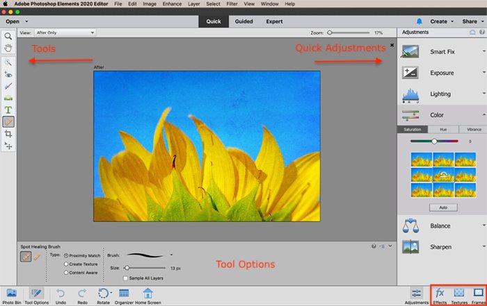 screenshot photoshop elements quick edit workspace