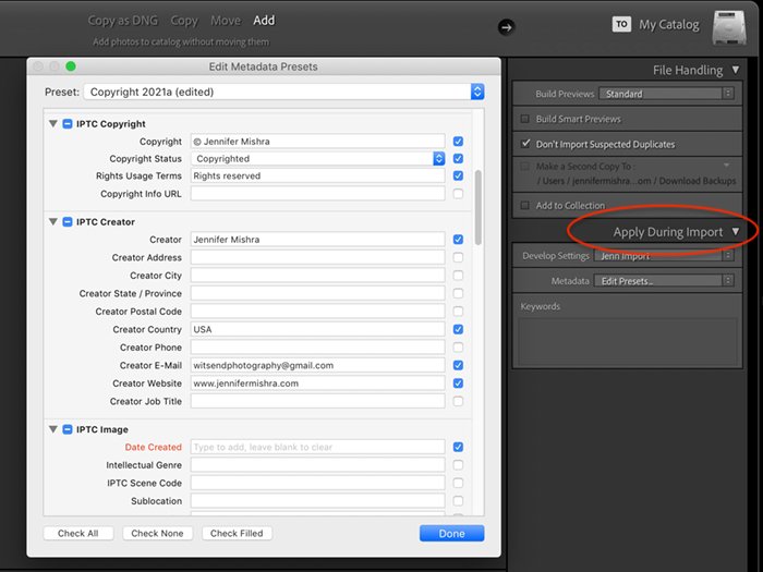 screenshot of lightroom import metadata preset