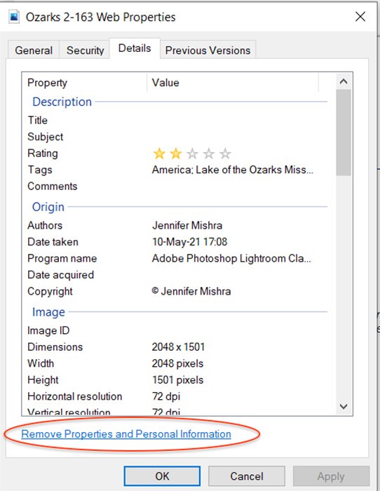 скриншот панели свойств Windows, показывающий, как удалить метаданные из изображения