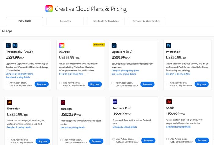 Скриншот adobe creative cloud pricing