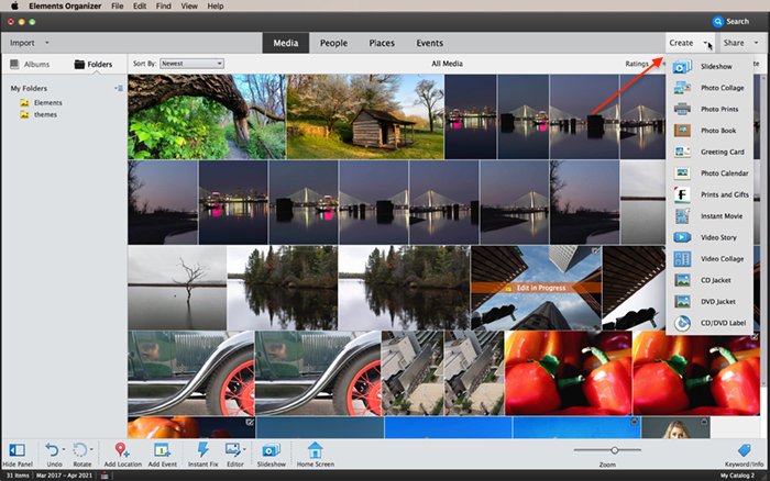 screenshot photoshop elements organizer create menu