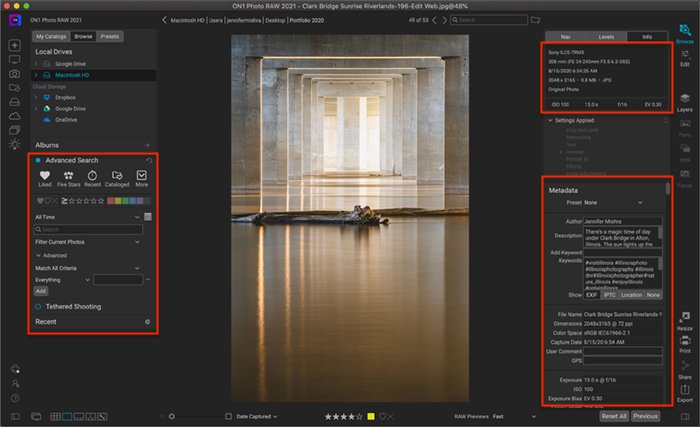 ON1 Photo Raw Screenshot showing Browse workspace that lets you search and edit metadata