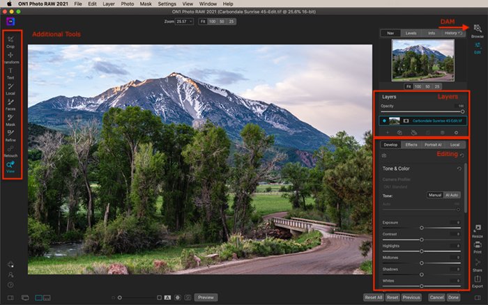 Screenshot ON1 photo editing workspace with mountain