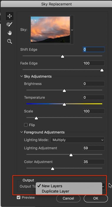 Screenshot sky replacement panel output options