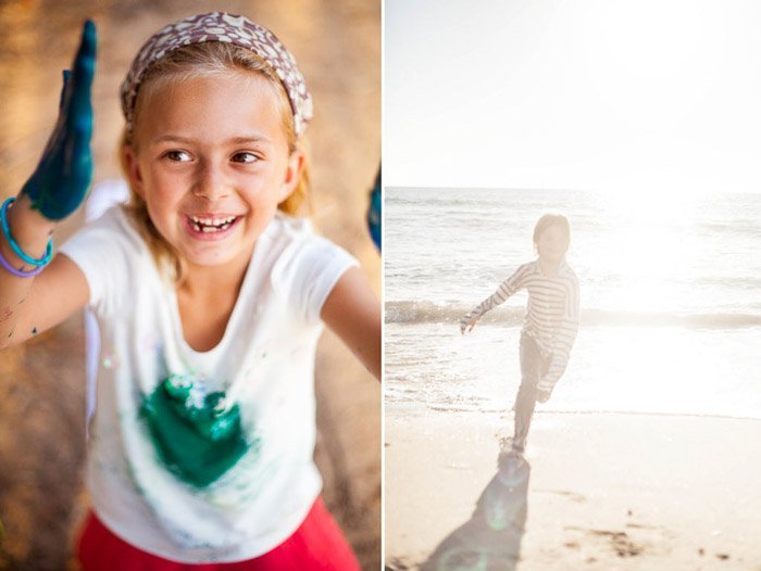 боковые изображения девушки, рисующей руками, и ребенка, бегущего по пляжу