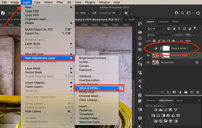 Скриншот, показывающий, как создать корректирующий слой Black & White для Photoshop selective color process
