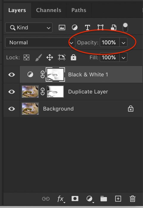 Скриншот опции непрозрачности в панели слоев для Photoshop selective color process