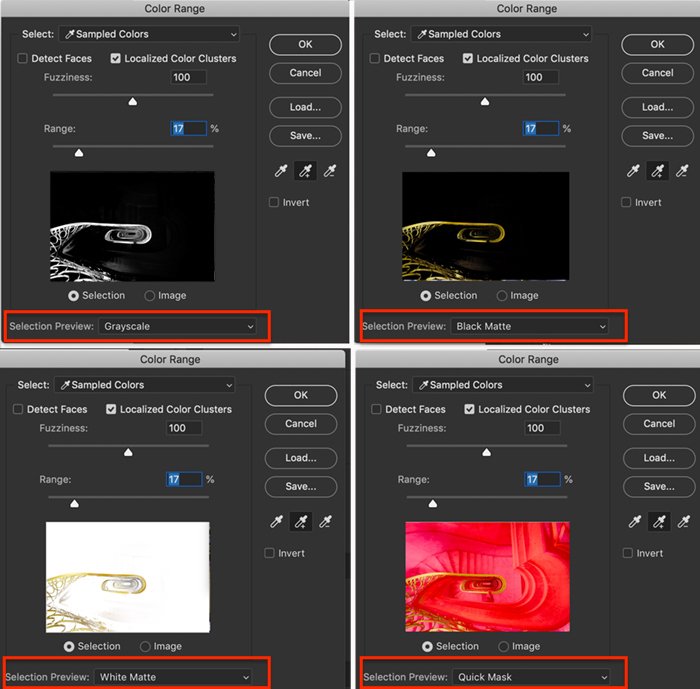 4 скриншота сравнения опций предварительного просмотра цветового диапазона для Photoshop selective color process
