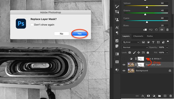 Скриншот, показывающий, как заменить маску в корректирующем слое Black & White для выборочного цветового процесса Photoshop