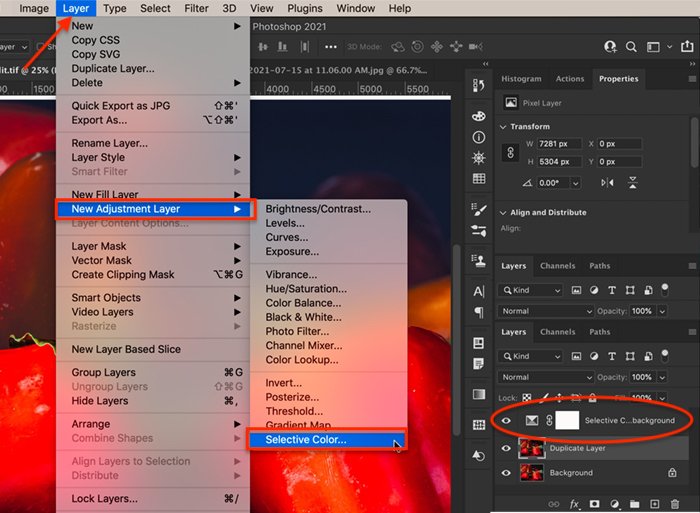 Скриншот, показывающий, как добавить корректирующий слой для инструмента выборочного цвета Photoshop