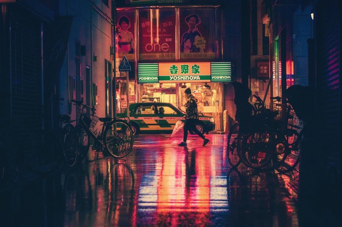 night street scene rain reflection
