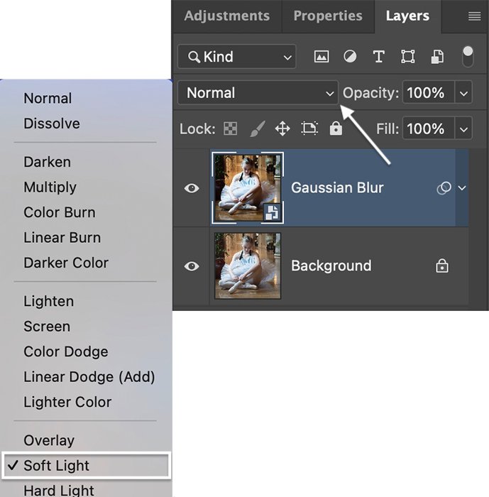 Скриншот меню режима наложения для эффекта свечения в Photoshop