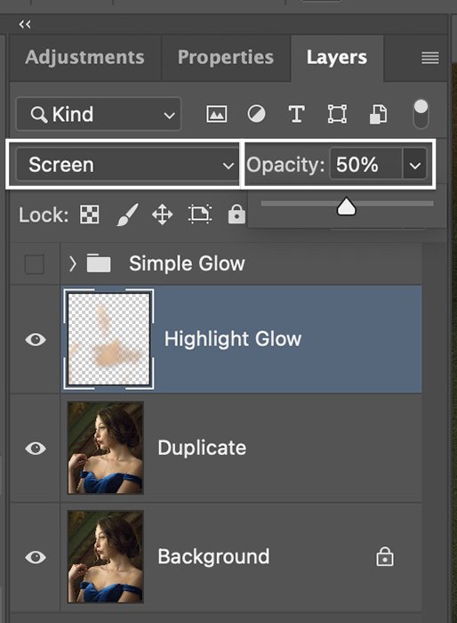 Скриншот изменения режима смешивания для эффекта свечения в Photoshop