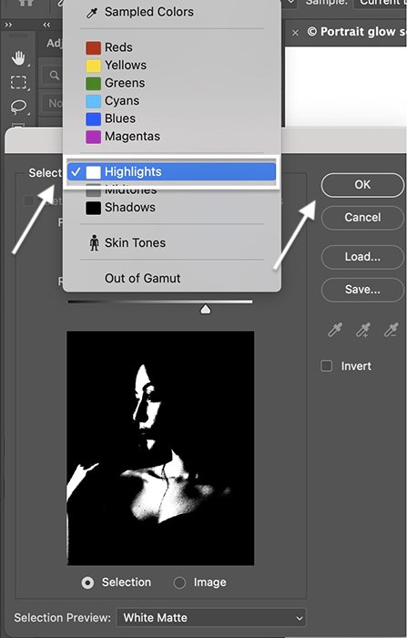 Скриншот выбора цветового диапазона для эффекта свечения в Photoshop