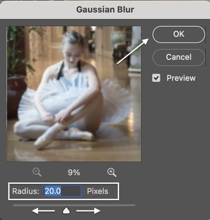 Скриншот добавления гауссова размытия к изображению балерины для эффекта свечения в Photoshop