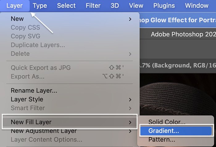 Скриншот добавления градиентного слоя для эффекта неонового свечения в Photoshop