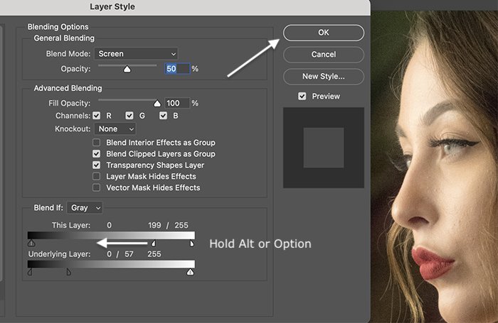 Скриншот использования стилей слоя для эффекта свечения в Photoshop