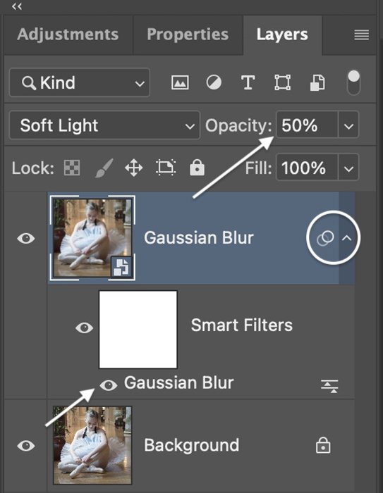 Скриншот уменьшения непрозрачности слоя для эффекта свечения в Photoshop