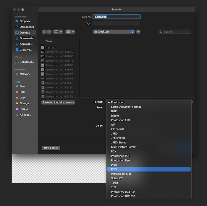 Скриншот сохранения PNG файла в Photoshop