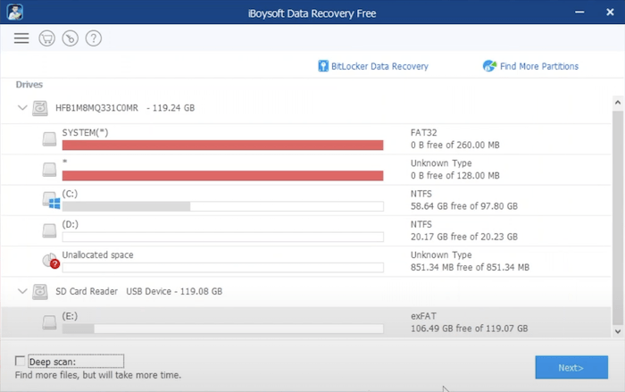 Скриншот интерфейса iBoysoft Data Recovery Free, бесплатной программы для восстановления фотографий