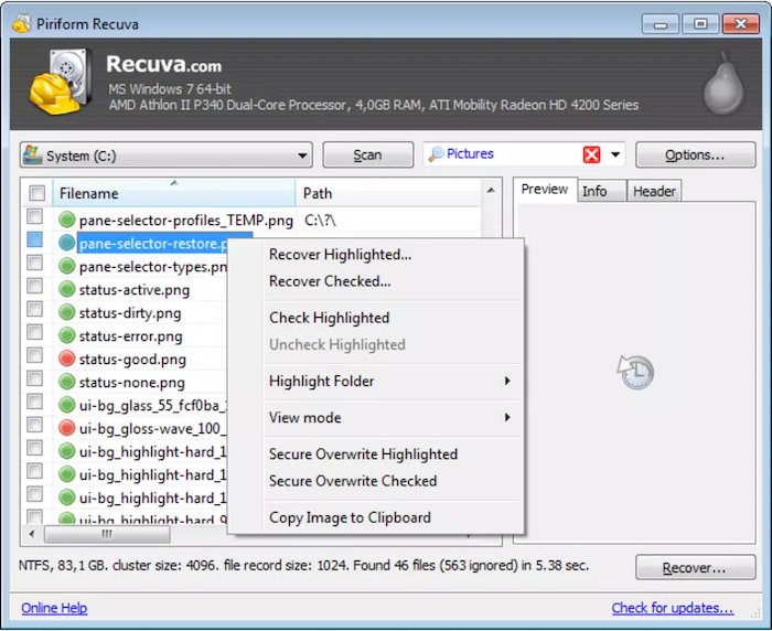 Скриншот интерфейса Recuva, бесплатной программы для восстановления фотографий